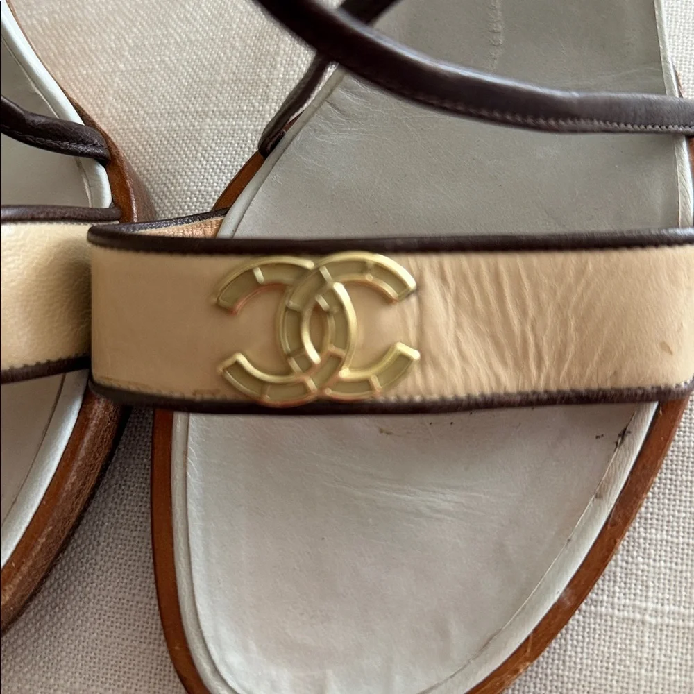 CHANEL Beige and Brown strappy sling back heel  size 38 size 7 US GOOD CONDITION - Picture 11 of 17